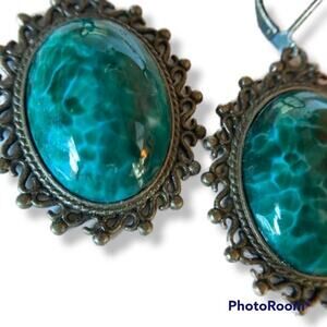 Artisan bronze tone and natural stone cabochon french hook earrings